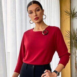 Josephine Chaus Deep Red Silk Blend 3/4 Sleeve Sweater with Ring Detail Size L